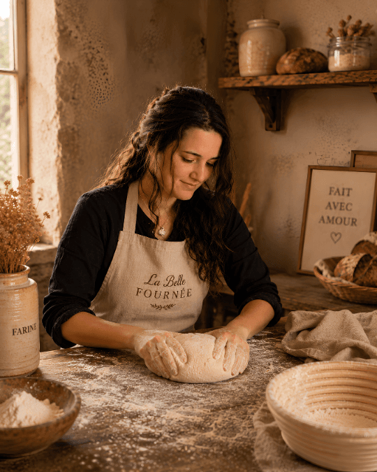 A woman wearing a La Belle Fournée apron shapes sourdough by hand on a flour-dusted wooden worktop.