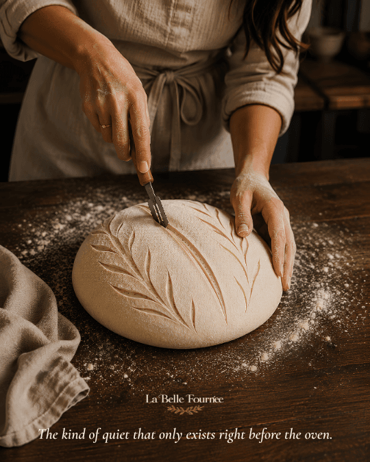 A baker scoring a leaf pattern into a flour-dusted sourdough loaf before baking.